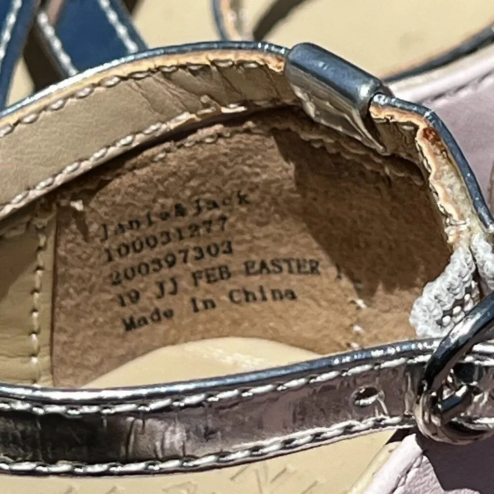 Janie & Jack Baby Silver and Pink Mary Jane Flats Dress Shoes Size 3, 18M